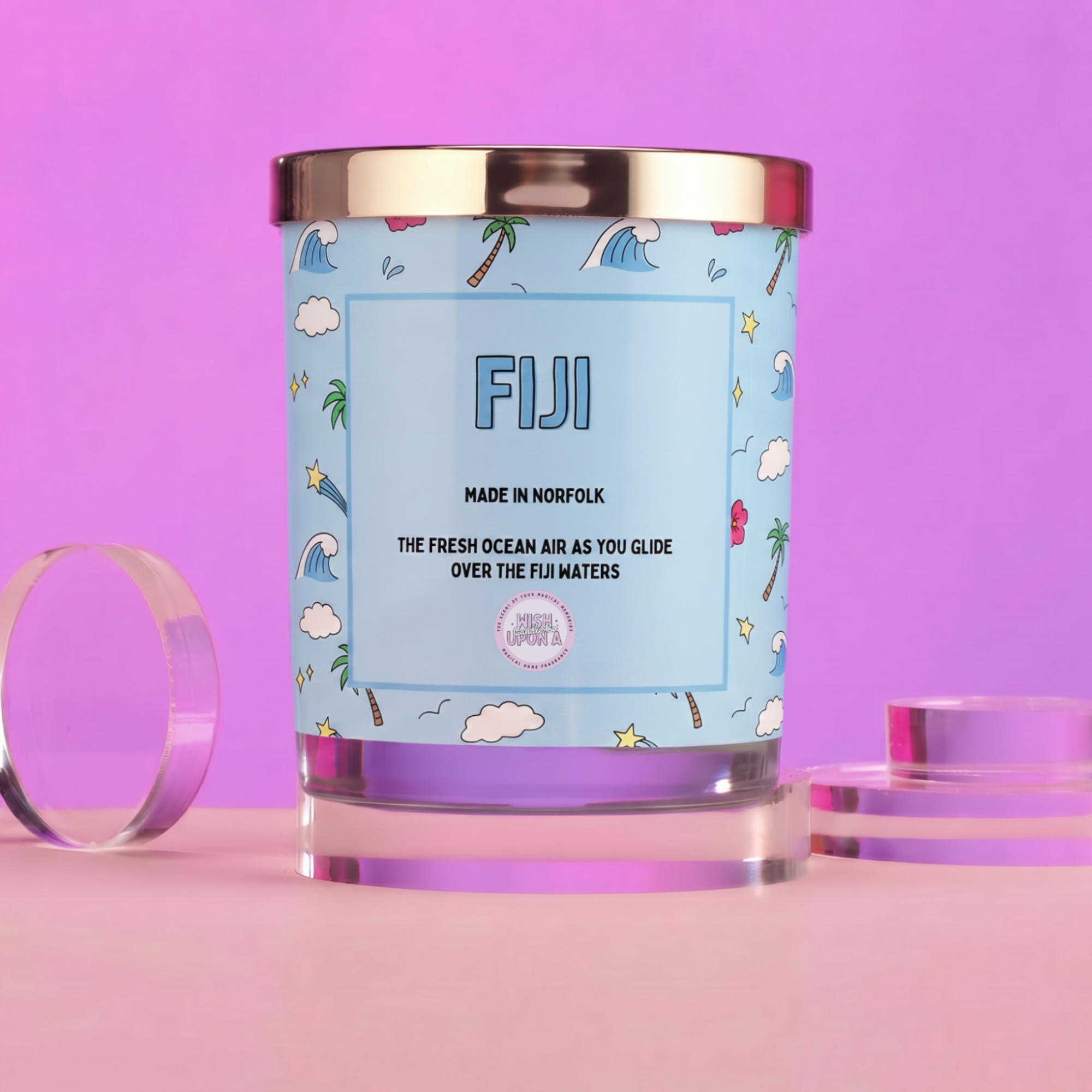 Fiji signature candle with fresh ocean water lily and airy aquatic fragrance notes