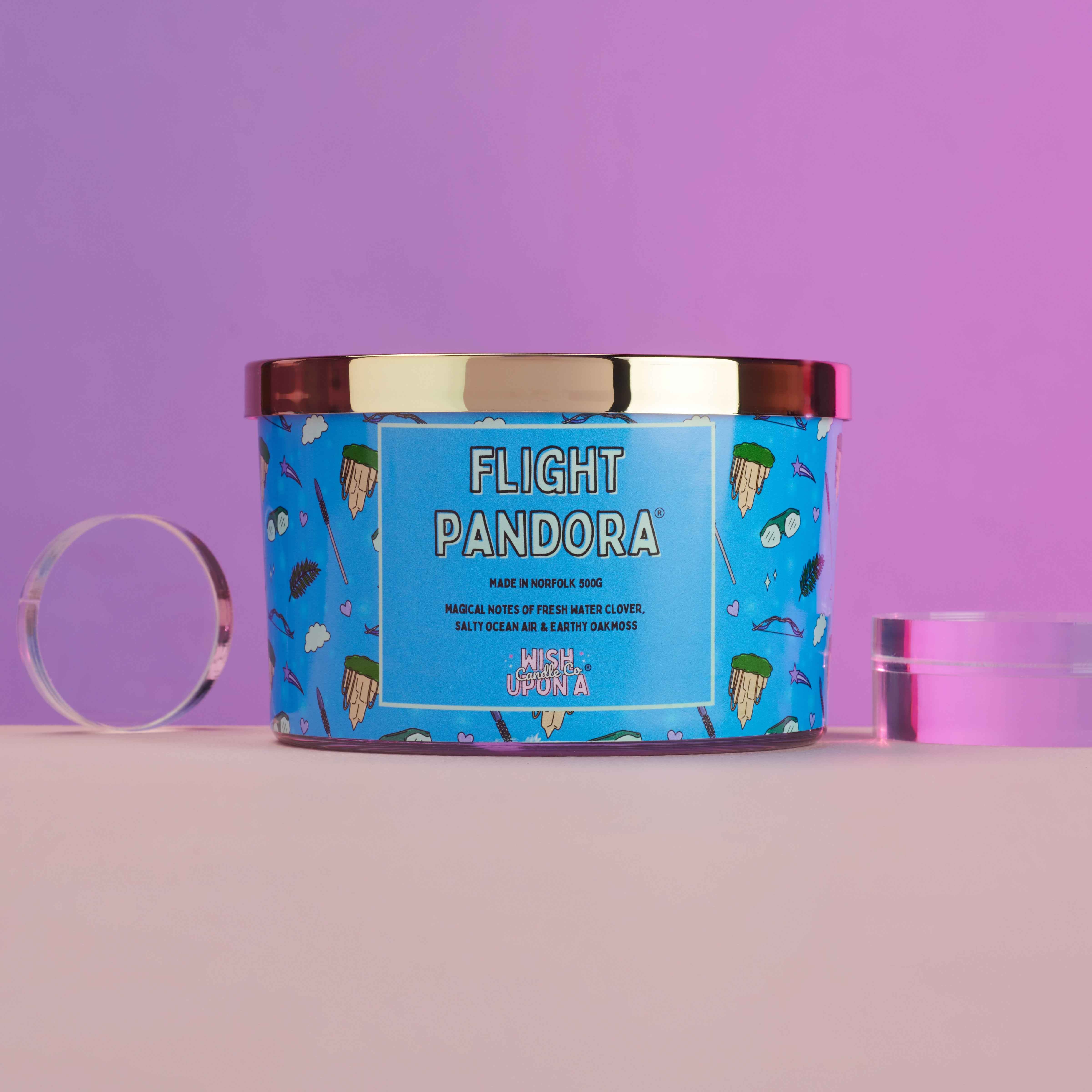 Flight Pandora triple wick candle with fresh ocean air water clover and earthy oakmoss fragrance