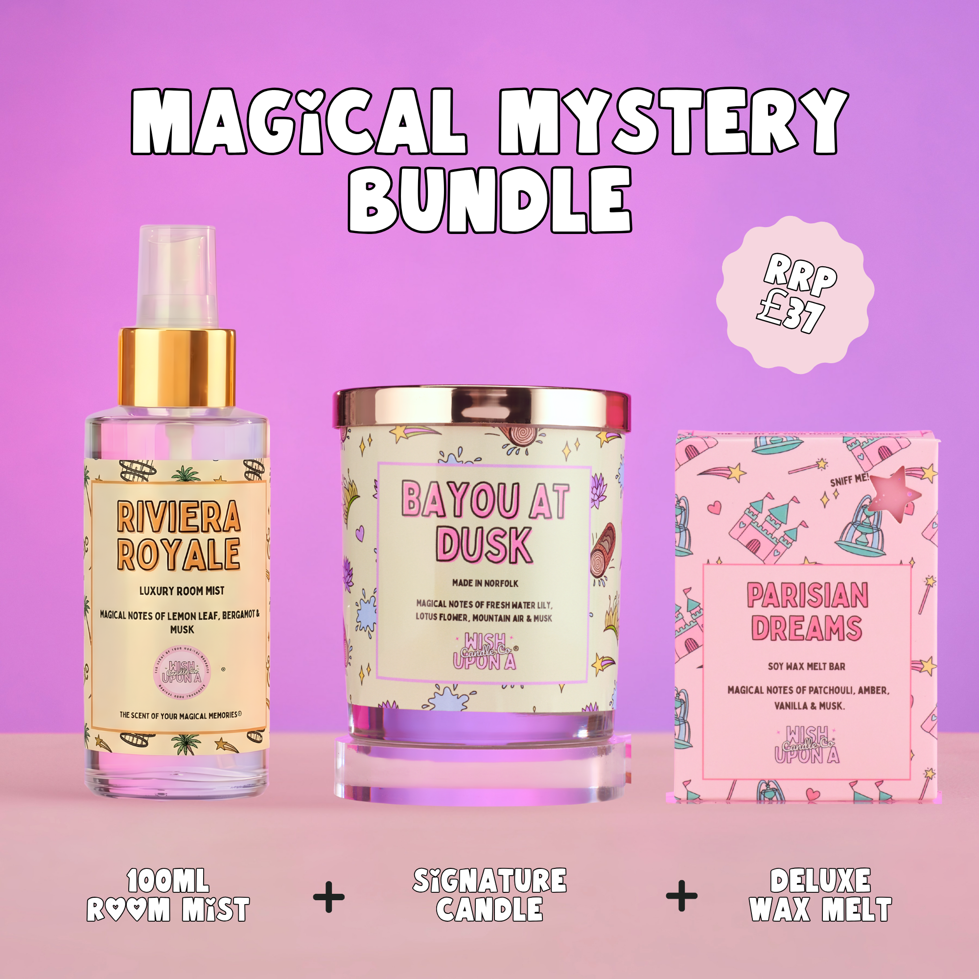 Mystery home fragrance bundle including a candle room mist and wax melt in surprise scents