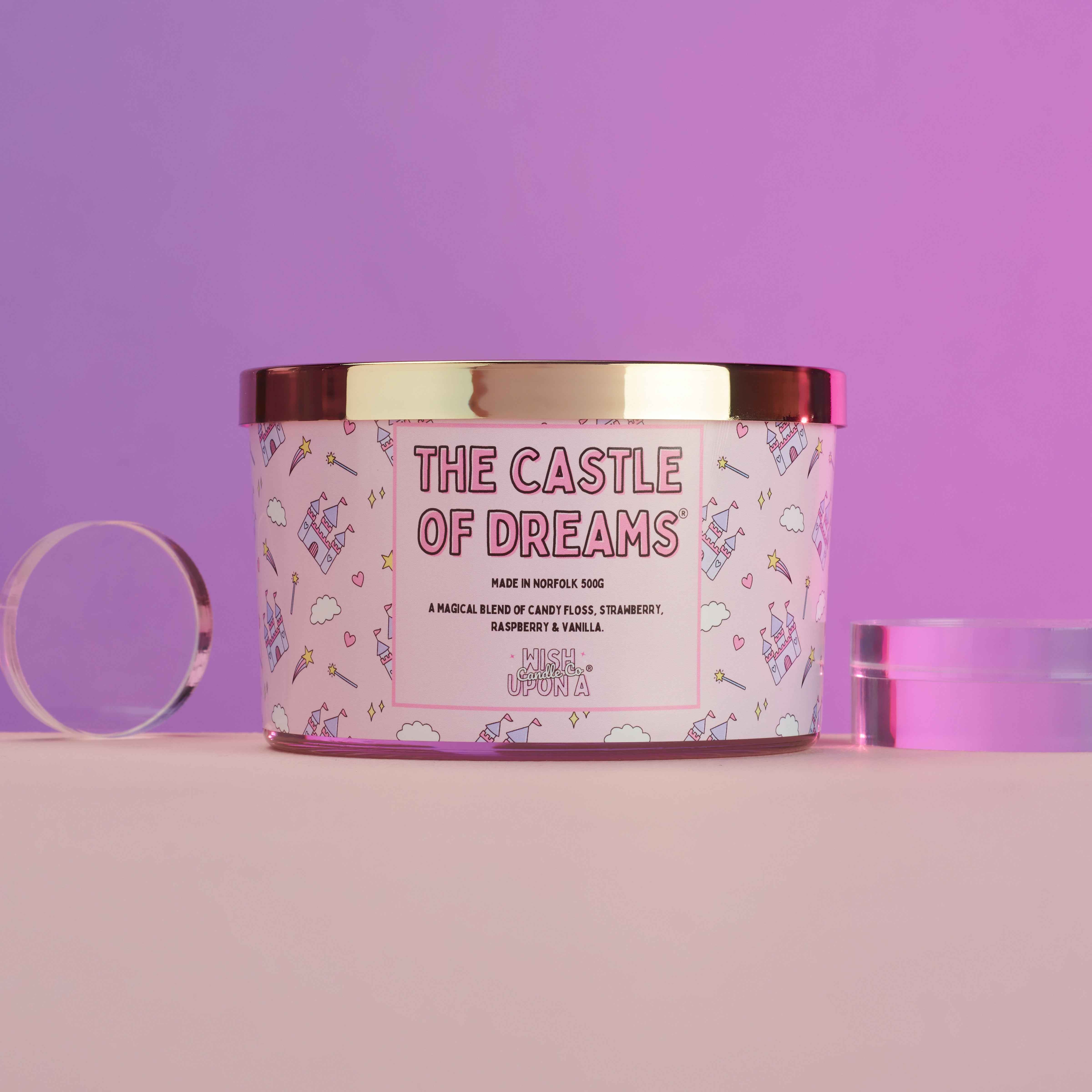 The Castle Of Dreams triple wick candle with sweet candy floss strawberry raspberry and vanilla fragrance