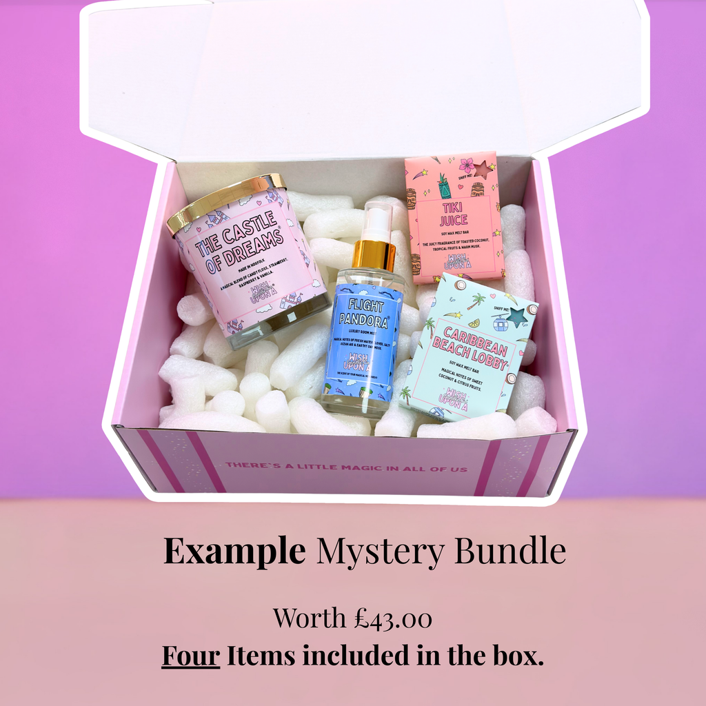 Theme park inspired fragrance bundle example with candle, wax melt and room mist