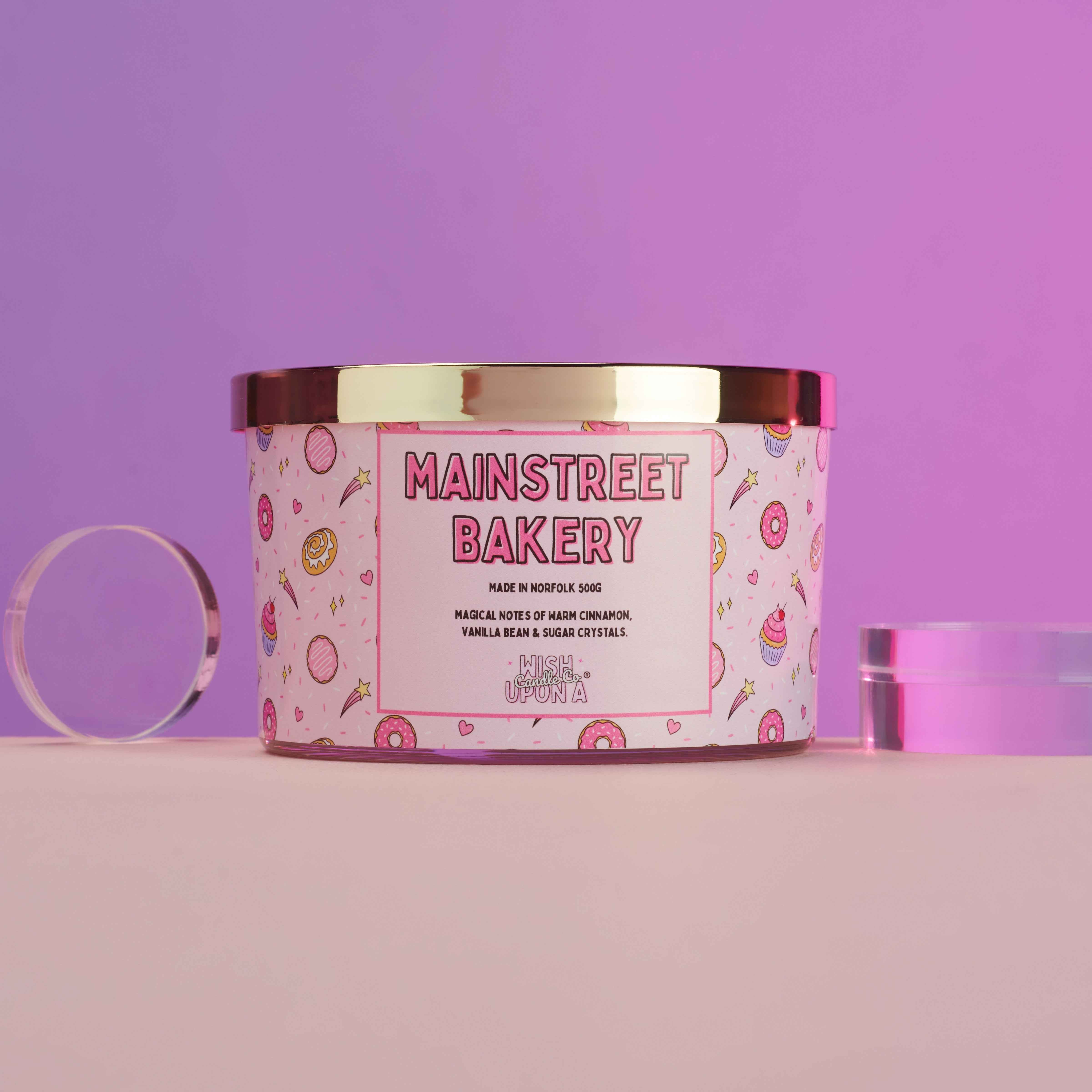 Mainstreet Bakery triple wick candle with warm baked treats and sweet confectionery fragrance