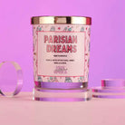 Parisian Dreams candle with sophisticated patchouli amber and soft musk fragrance notes