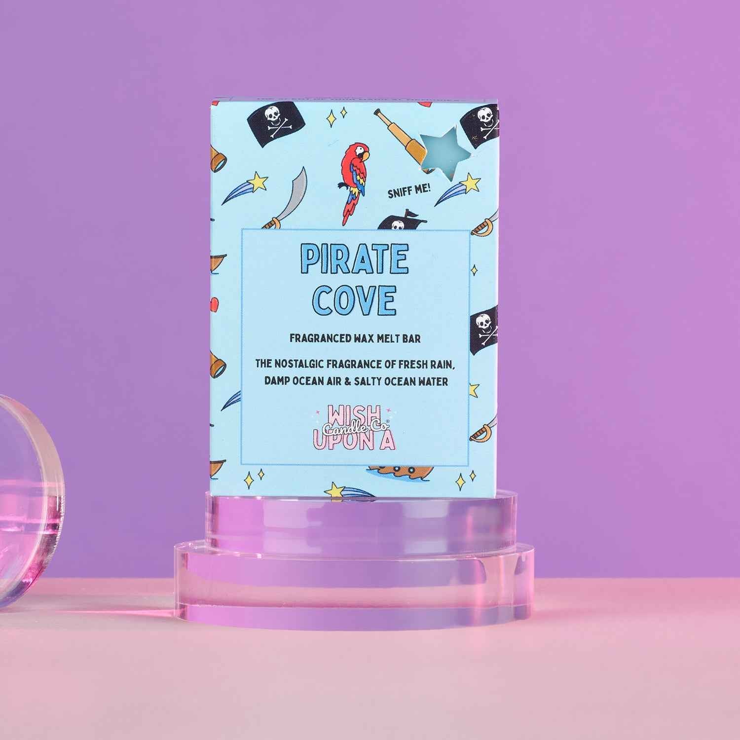 Pirate Cove wax melt with dark aquatic notes salty ocean air and woody atmospheric fragrance