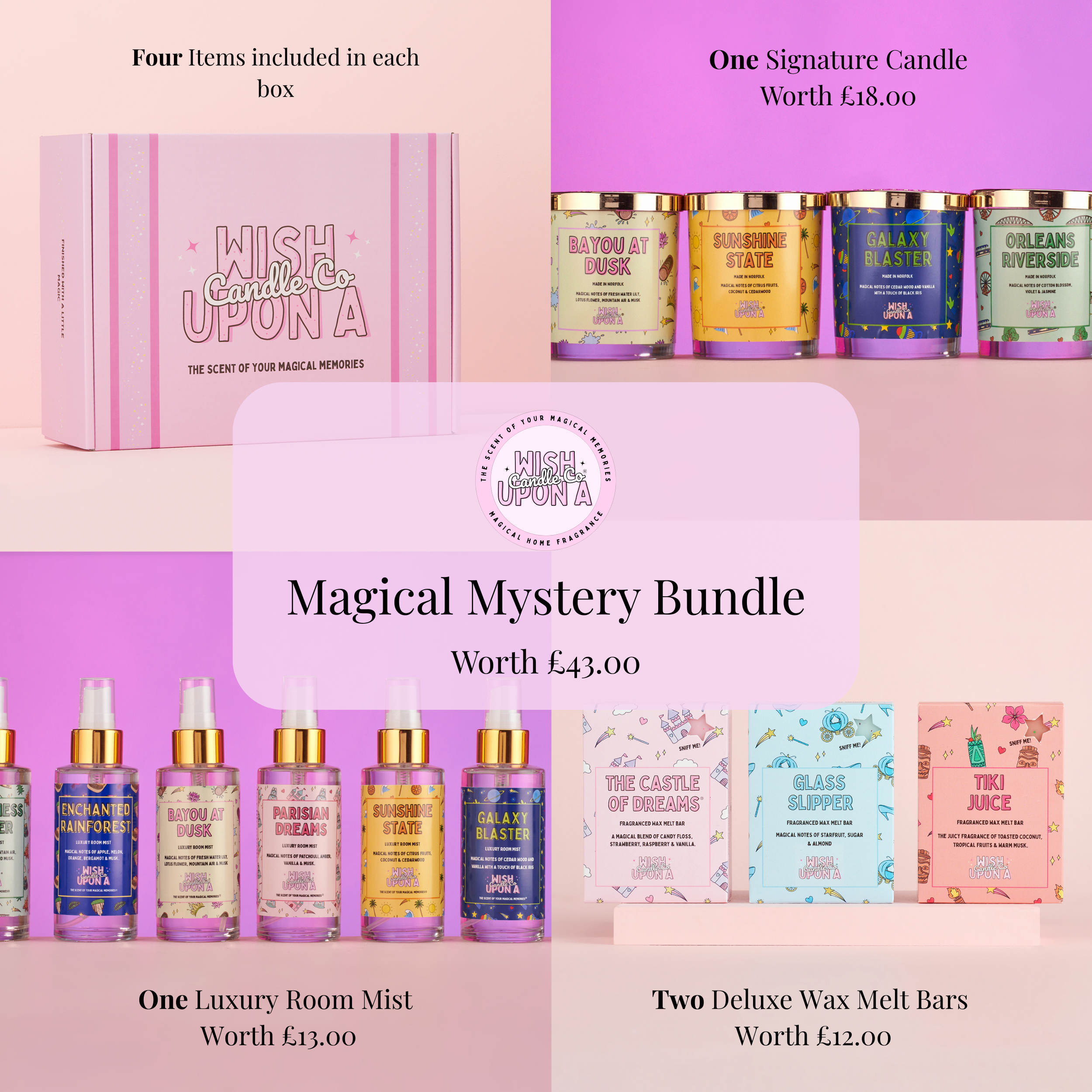 Theme park inspired fragrance bundle with candle, wax melt and room mist